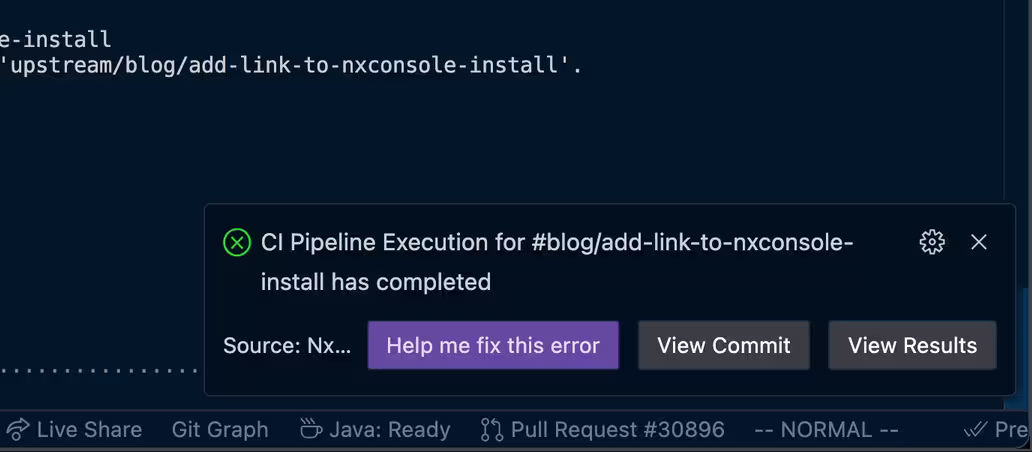Nx Console shows the notification of the CI failure